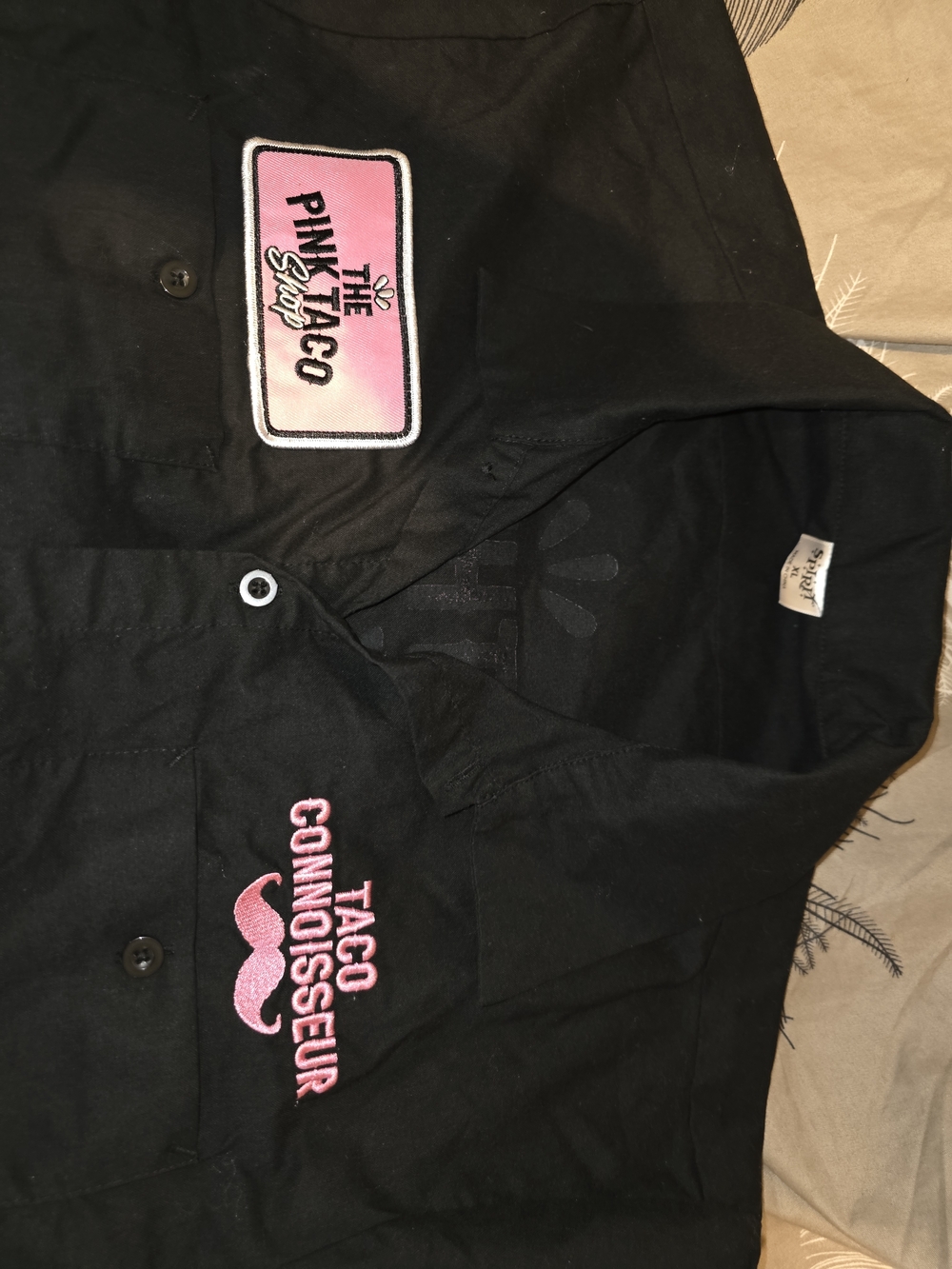 Black Work Shirt with Pink 'Taco Connoisseur' Embroidery